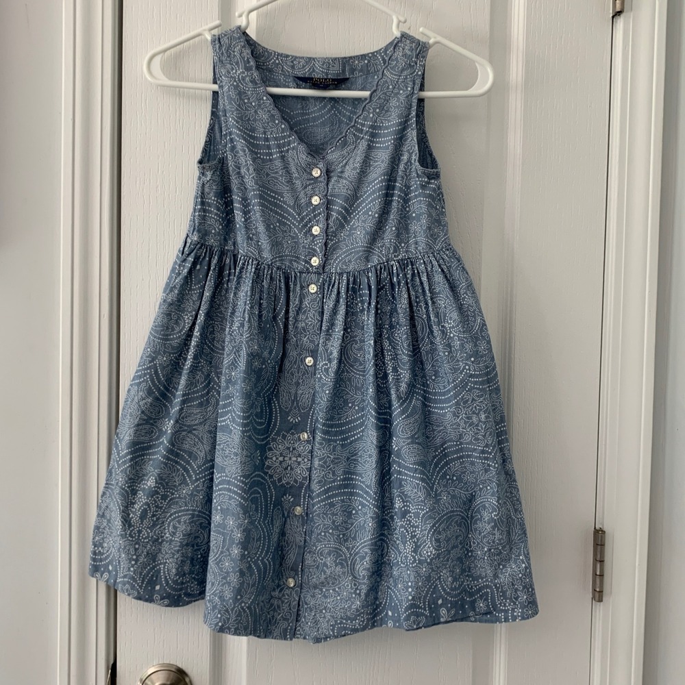 Polo Ralph Lauren Girls Blue Paisley Cotton Scalloped Button Front Dress Size 10